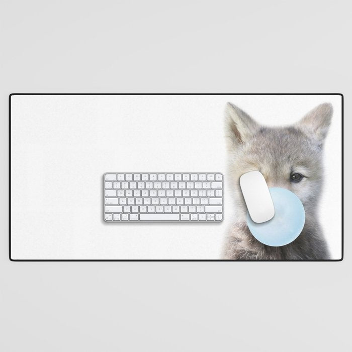 Baby Wolf Blowing Blue Bubble Gum, Baby Boy, Kids, Baby Animals Art Print by Synplus Desk Mat Gallery Image 1
