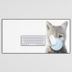Baby Wolf Blowing Blue Bubble Gum, Baby Boy, Kids, Baby Animals Art Print by Synplus Desk Mat Gallery Image 1