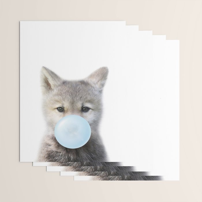 Baby Wolf Blowing Blue Bubble Gum, Baby Boy, Kids, Baby Animals Art Print by Synplus Wrapping Paper Gallery Image 3