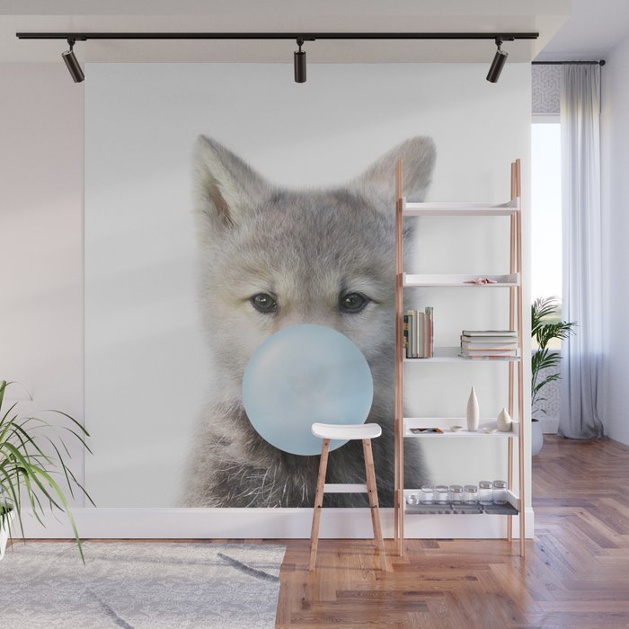 Baby Wolf Blowing Blue Bubble Gum, Baby Boy, Kids, Baby Animals Art Print by Synplus Wall Mural Gallery Image 1