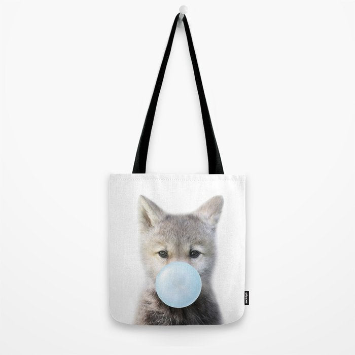 Baby Wolf Blowing Blue Bubble Gum, Baby Boy, Kids, Baby Animals Art Print by Synplus Tote Bag Gallery Image 2