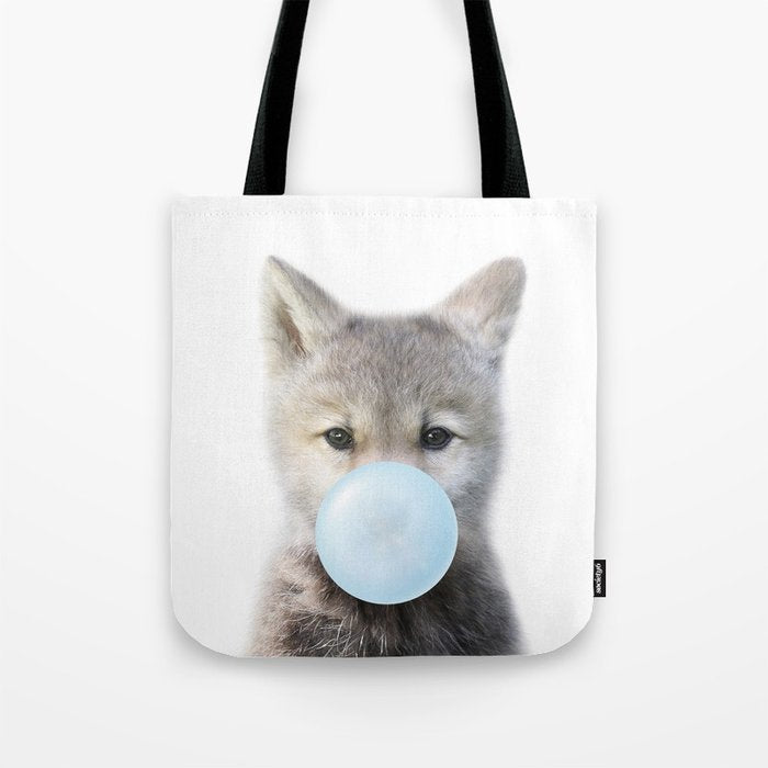 Baby Wolf Blowing Blue Bubble Gum, Baby Boy, Kids, Baby Animals Art Print by Synplus Tote Bag Gallery Image 1