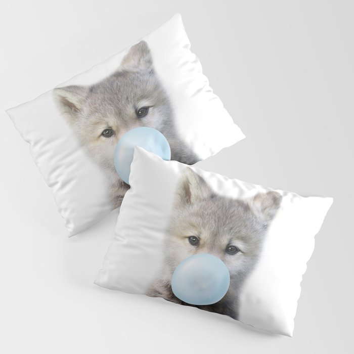 Baby Wolf Blowing Blue Bubble Gum, Baby Boy, Kids, Baby Animals Art Print by Synplus Pillow Sham Gallery Image 3