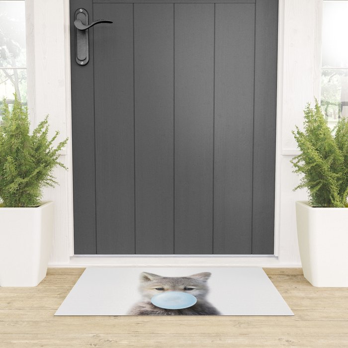 Baby Wolf Blowing Blue Bubble Gum, Baby Boy, Kids, Baby Animals Art Print by Synplus Welcome Mat Gallery Image 3