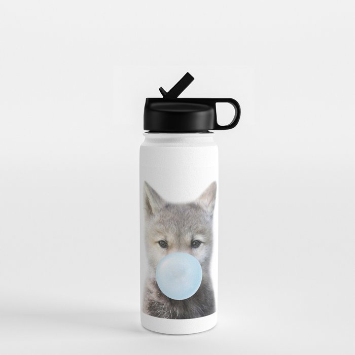 Baby Wolf Blowing Blue Bubble Gum, Baby Boy, Kids, Baby Animals Art Print by Synplus Water Bottle Gallery Image 1