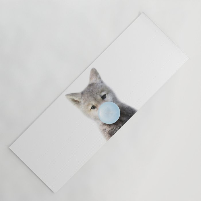 Baby Wolf Blowing Blue Bubble Gum, Baby Boy, Kids, Baby Animals Art Print by Synplus Yoga Mat Gallery Image 1