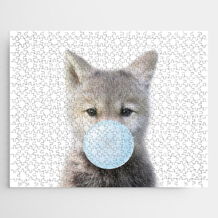 Baby Wolf Blowing Blue Bubble Gum, Baby Boy, Kids, Baby Animals Art Print by Synplus Jigsaw Puzzle Gallery Image 1