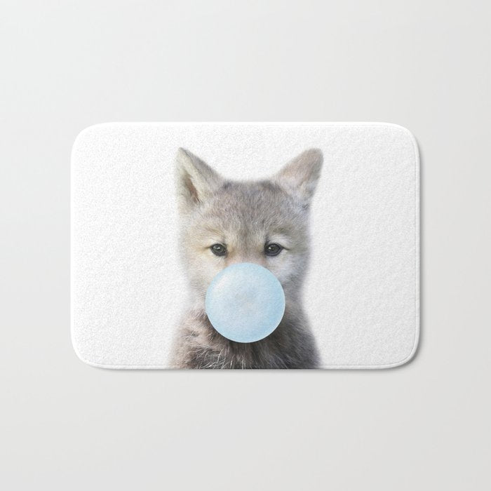 Baby Wolf Blowing Blue Bubble Gum, Baby Boy, Kids, Baby Animals Art Print by Synplus Bath Mat Gallery Image 1