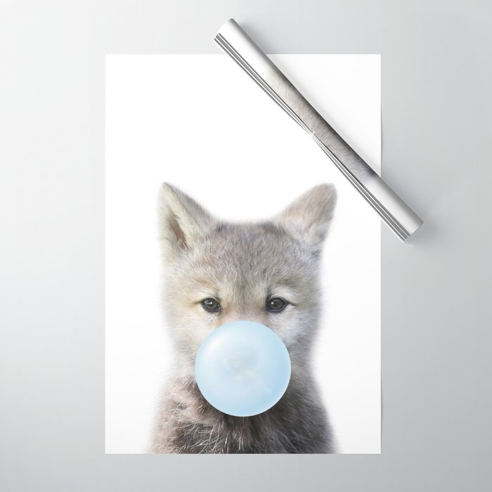 Baby Wolf Blowing Blue Bubble Gum, Baby Boy, Kids, Baby Animals Art Print by Synplus Wrapping Paper Gallery Image 1