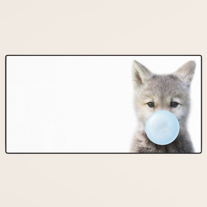 Baby Wolf Blowing Blue Bubble Gum, Baby Boy, Kids, Baby Animals Art Print by Synplus Desk Mat Gallery Image 3