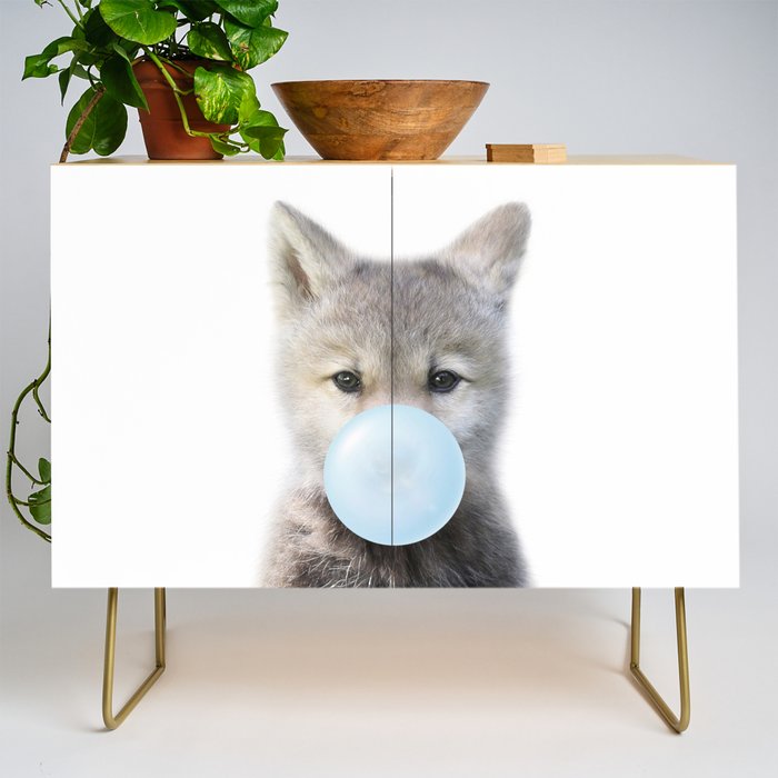 Baby Wolf Blowing Blue Bubble Gum, Baby Boy, Kids, Baby Animals Art Print by Synplus Credenza Gallery Image 1