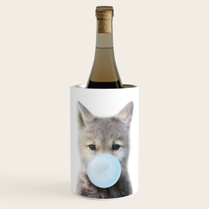 Baby Wolf Blowing Blue Bubble Gum, Baby Boy, Kids, Baby Animals Art Print by Synplus Wine Chiller Gallery Image 1