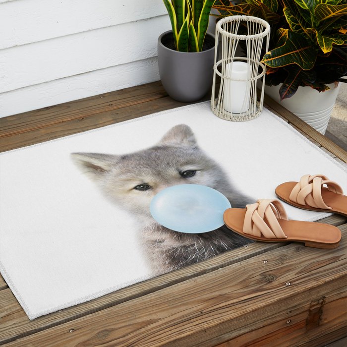 Baby Wolf Blowing Blue Bubble Gum, Baby Boy, Kids, Baby Animals Art Print by Synplus Outdoor Rug Gallery Image 2