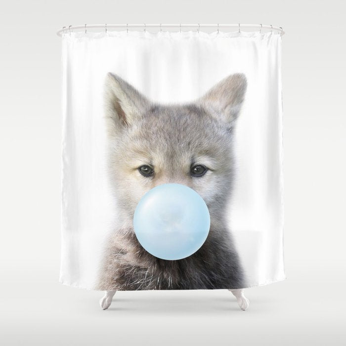 Baby Wolf Blowing Blue Bubble Gum, Baby Boy, Kids, Baby Animals Art Print by Synplus Shower Curtain Gallery Image 1