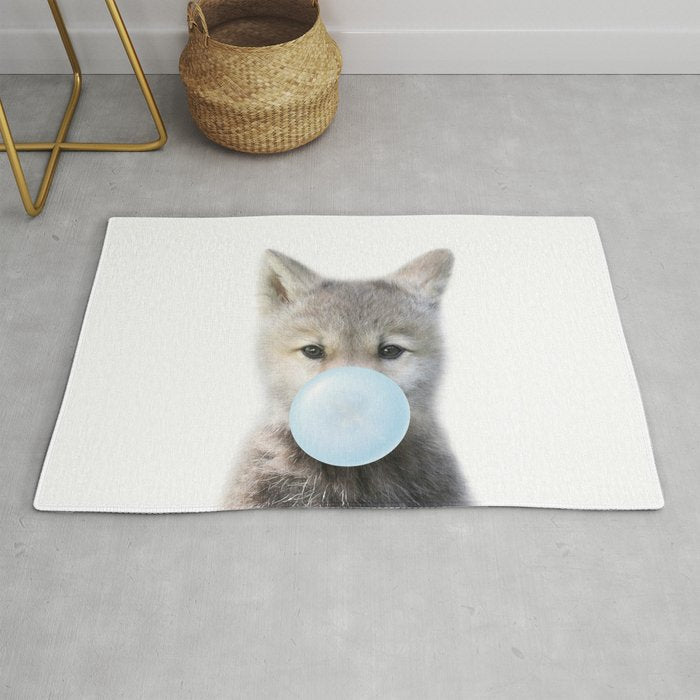 Baby Wolf Blowing Blue Bubble Gum, Baby Boy, Kids, Baby Animals Art Print by Synplus Rug Gallery Image 1