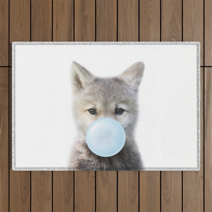 Baby Wolf Blowing Blue Bubble Gum, Baby Boy, Kids, Baby Animals Art Print by Synplus Outdoor Rug Gallery Image 1