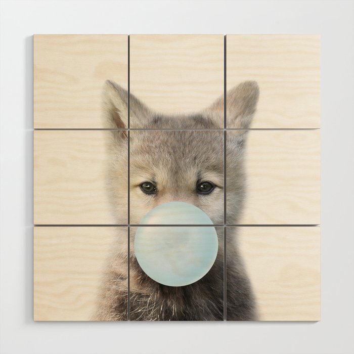 Baby Wolf Blowing Blue Bubble Gum, Baby Boy, Kids, Baby Animals Art Print by Synplus Wood Wall Art Gallery Image 2