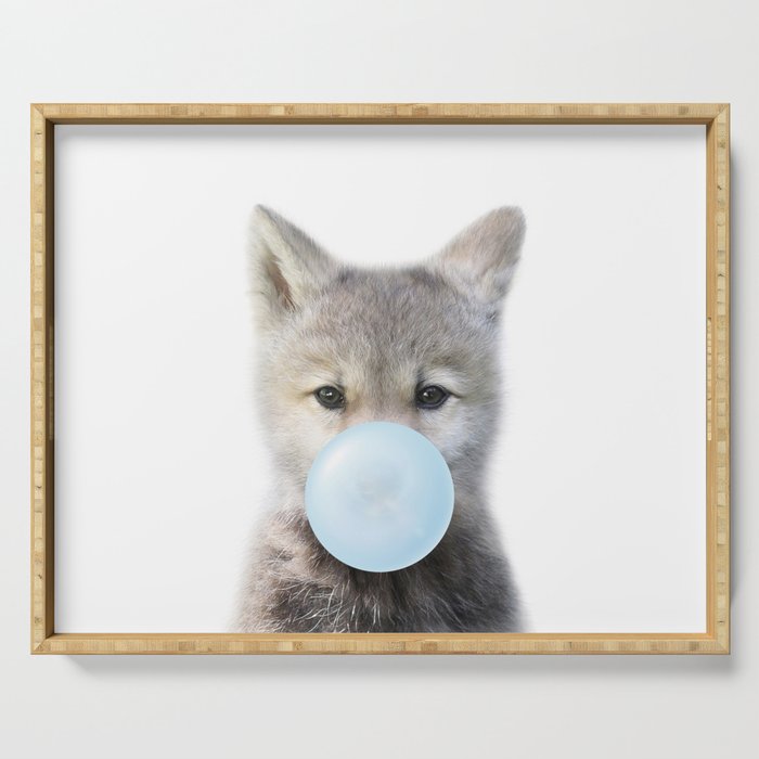 Baby Wolf Blowing Blue Bubble Gum, Baby Boy, Kids, Baby Animals Art Print by Synplus Serving Tray Gallery Image 1