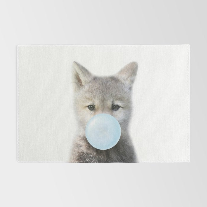Baby Wolf Blowing Blue Bubble Gum, Baby Boy, Kids, Baby Animals Art Print by Synplus Rug Gallery Image 2