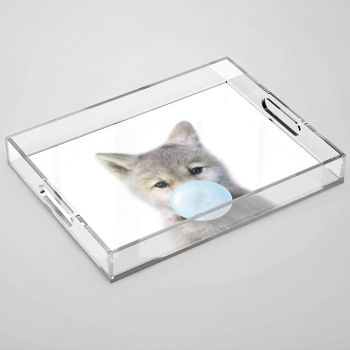 Baby Wolf Blowing Blue Bubble Gum, Baby Boy, Kids, Baby Animals Art Print by Synplus Acrylic Tray Gallery Image 1