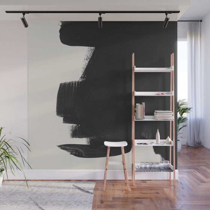 Mid Century Modern Minimalist Abstract Art Brush Strokes Black & White Ink Art Colorfield Wall Mural Gallery Image 1