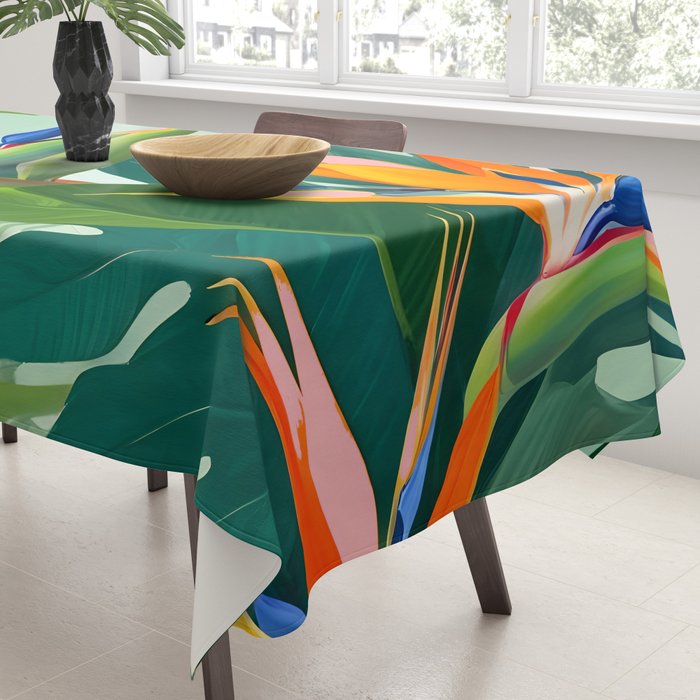 Birds in Paradise, Floral Birds of Paradise Botanical Jungle, Tropical Nature Plants Floral, Lush Green Orange Pink Exotic Forest, Garden Flowers Bohemian Painting Tablecloth Gallery Image 3
