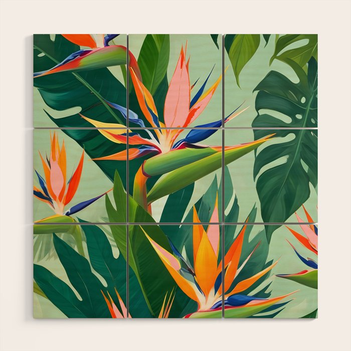 Birds in Paradise, Floral Birds of Paradise Botanical Jungle, Tropical Nature Plants Floral, Lush Green Orange Pink Exotic Forest, Garden Flowers Bohemian Painting Wood Wall Art Gallery Image 1
