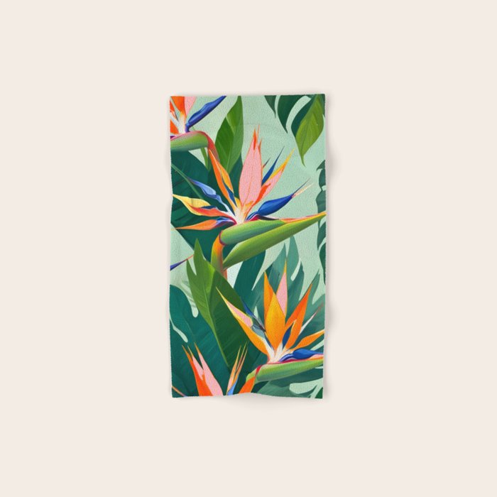 Birds in Paradise, Floral Birds of Paradise Botanical Jungle, Tropical Nature Plants Floral, Lush Green Orange Pink Exotic Forest, Garden Flowers Bohemian Painting Bath Towel Gallery Image 1