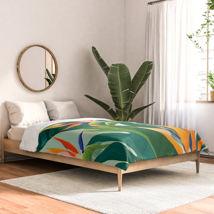 Birds in Paradise, Floral Birds of Paradise Botanical Jungle, Tropical Nature Plants Floral, Lush Green Orange Pink Exotic Forest, Garden Flowers Bohemian Painting Comforter Gallery Image 2