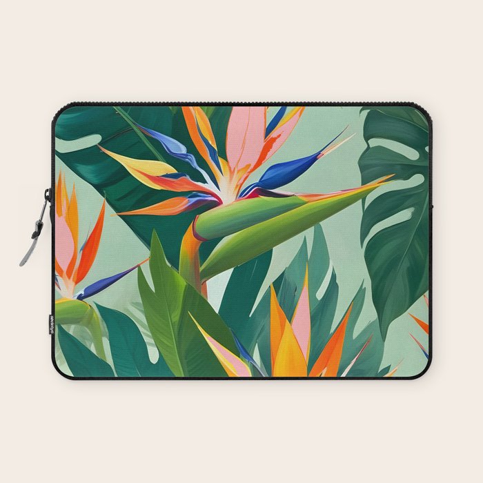 Birds in Paradise, Floral Birds of Paradise Botanical Jungle, Tropical Nature Plants Floral, Lush Green Orange Pink Exotic Forest, Garden Flowers Bohemian Painting Laptop Sleeve Gallery Image 1