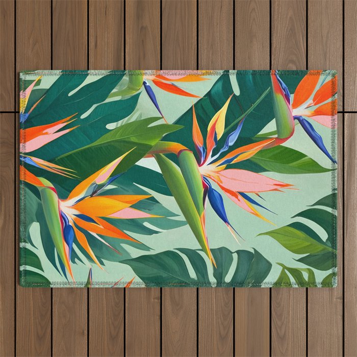 Birds in Paradise, Floral Birds of Paradise Botanical Jungle, Tropical Nature Plants Floral, Lush Green Orange Pink Exotic Forest, Garden Flowers Bohemian Painting Outdoor Rug Gallery Image 1