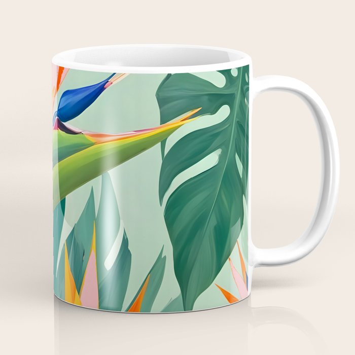 Birds in Paradise, Floral Birds of Paradise Botanical Jungle, Tropical Nature Plants Floral, Lush Green Orange Pink Exotic Forest, Garden Flowers Bohemian Painting Coffee Mug Gallery Image 1
