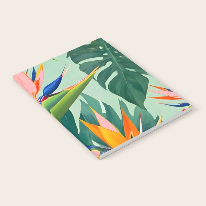 Birds in Paradise, Floral Birds of Paradise Botanical Jungle, Tropical Nature Plants Floral, Lush Green Orange Pink Exotic Forest, Garden Flowers Bohemian Painting Notebook Gallery Image 2
