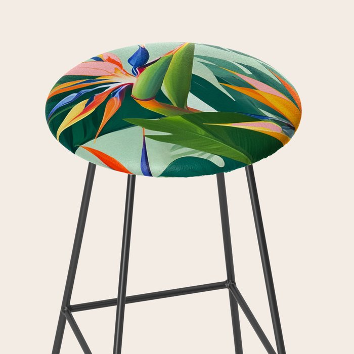 Birds in Paradise, Floral Birds of Paradise Botanical Jungle, Tropical Nature Plants Floral, Lush Green Orange Pink Exotic Forest, Garden Flowers Bohemian Painting Stool Gallery Image 2