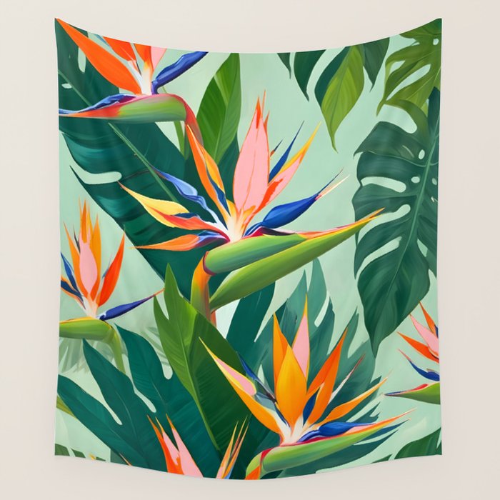 Birds in Paradise, Floral Birds of Paradise Botanical Jungle, Tropical Nature Plants Floral, Lush Green Orange Pink Exotic Forest, Garden Flowers Bohemian Painting Wall Tapestry Gallery Image 1