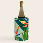 Birds in Paradise, Floral Birds of Paradise Botanical Jungle, Tropical Nature Plants Floral, Lush Green Orange Pink Exotic Forest, Garden Flowers Bohemian Painting Wine Chiller Gallery Image 2