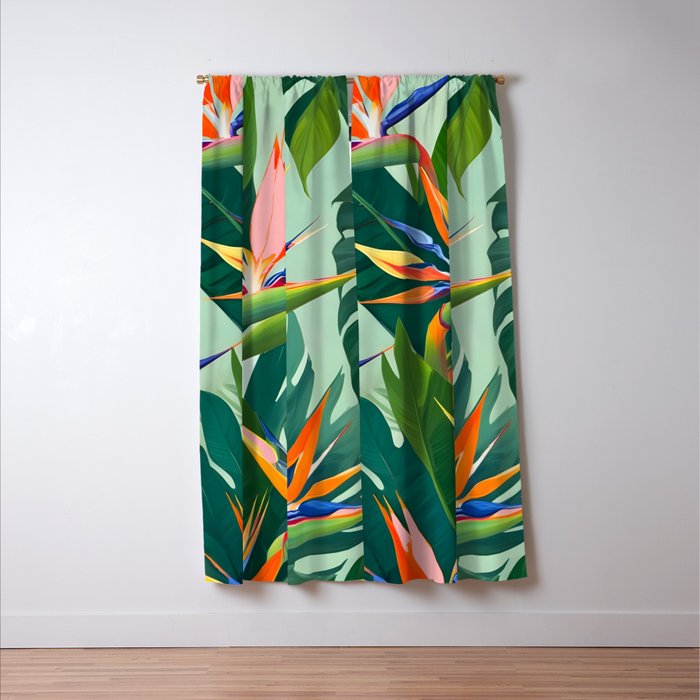 Birds in Paradise, Floral Birds of Paradise Botanical Jungle, Tropical Nature Plants Floral, Lush Green Orange Pink Exotic Forest, Garden Flowers Bohemian Painting Window Curtain Gallery Image 3