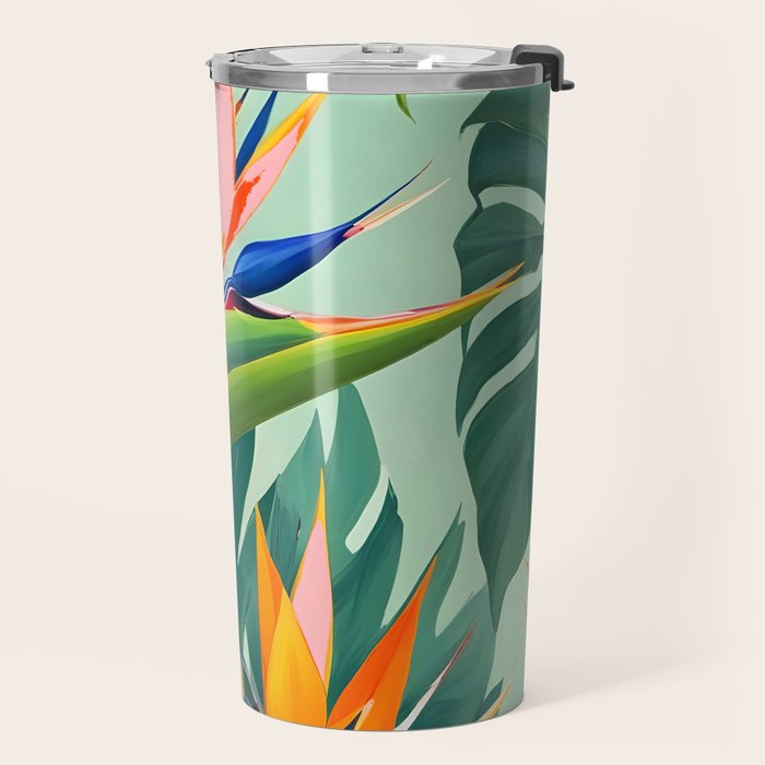 Birds in Paradise, Floral Birds of Paradise Botanical Jungle, Tropical Nature Plants Floral, Lush Green Orange Pink Exotic Forest, Garden Flowers Bohemian Painting Travel Mug Gallery Image 2