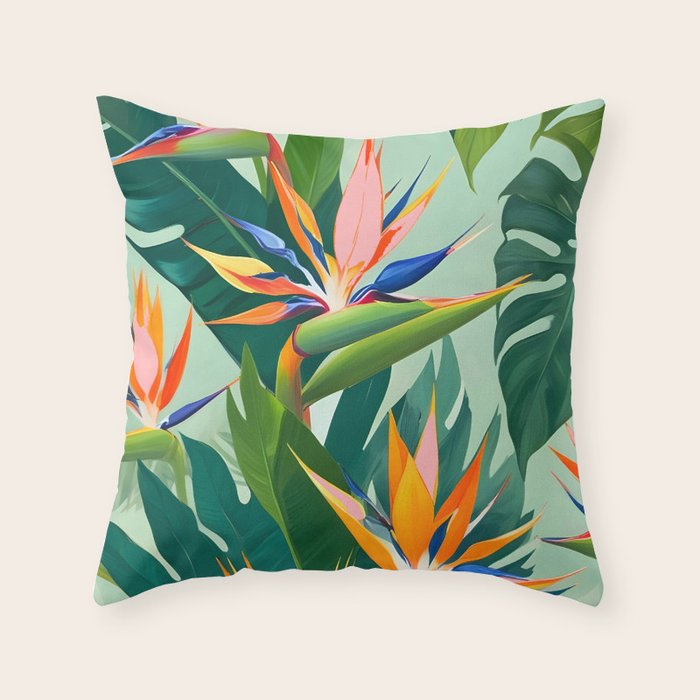 Birds in Paradise, Floral Birds of Paradise Botanical Jungle, Tropical Nature Plants Floral, Lush Green Orange Pink Exotic Forest, Garden Flowers Bohemian Painting Throw Pillow Gallery Image 6