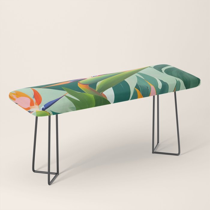 Birds in Paradise, Floral Birds of Paradise Botanical Jungle, Tropical Nature Plants Floral, Lush Green Orange Pink Exotic Forest, Garden Flowers Bohemian Painting Bench Gallery Image 1