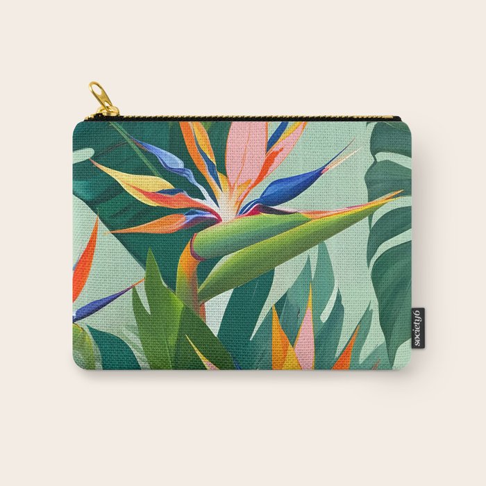 Birds in Paradise, Floral Birds of Paradise Botanical Jungle, Tropical Nature Plants Floral, Lush Green Orange Pink Exotic Forest, Garden Flowers Bohemian Painting Carry All Pouch Gallery Image 1