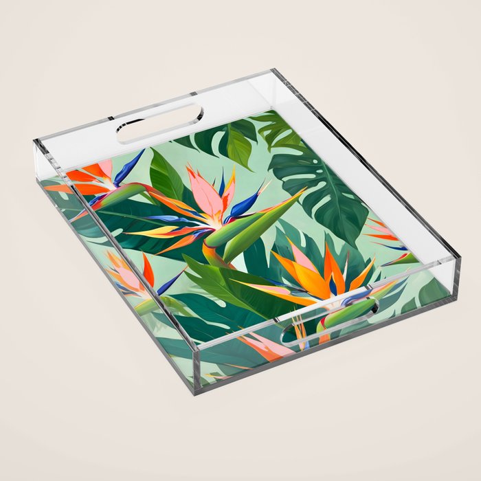 Birds in Paradise, Floral Birds of Paradise Botanical Jungle, Tropical Nature Plants Floral, Lush Green Orange Pink Exotic Forest, Garden Flowers Bohemian Painting Acrylic Tray Gallery Image 1