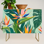Birds in Paradise, Floral Birds of Paradise Botanical Jungle, Tropical Nature Plants Floral, Lush Green Orange Pink Exotic Forest, Garden Flowers Bohemian Painting Credenza Gallery Image 1