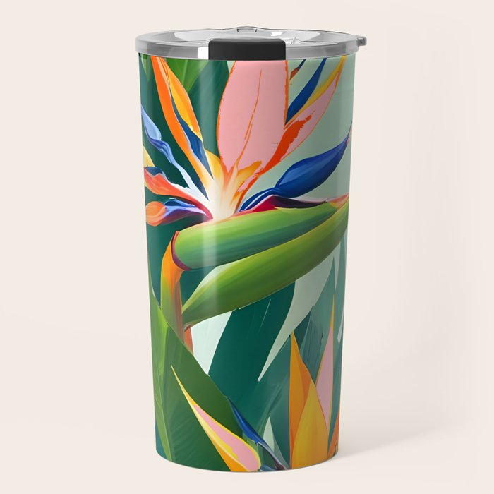 Birds in Paradise, Floral Birds of Paradise Botanical Jungle, Tropical Nature Plants Floral, Lush Green Orange Pink Exotic Forest, Garden Flowers Bohemian Painting Travel Mug Gallery Image 1