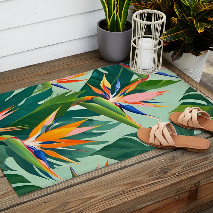 Birds in Paradise, Floral Birds of Paradise Botanical Jungle, Tropical Nature Plants Floral, Lush Green Orange Pink Exotic Forest, Garden Flowers Bohemian Painting Outdoor Rug Gallery Image 2