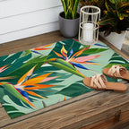 Birds in Paradise, Floral Birds of Paradise Botanical Jungle, Tropical Nature Plants Floral, Lush Green Orange Pink Exotic Forest, Garden Flowers Bohemian Painting Outdoor Rug Gallery Image 2