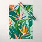 Birds in Paradise, Floral Birds of Paradise Botanical Jungle, Tropical Nature Plants Floral, Lush Green Orange Pink Exotic Forest, Garden Flowers Bohemian Painting Wrapping Paper Gallery Image 1