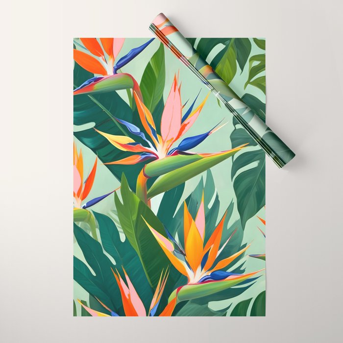 Birds in Paradise, Floral Birds of Paradise Botanical Jungle, Tropical Nature Plants Floral, Lush Green Orange Pink Exotic Forest, Garden Flowers Bohemian Painting Wrapping Paper Gallery Image 1