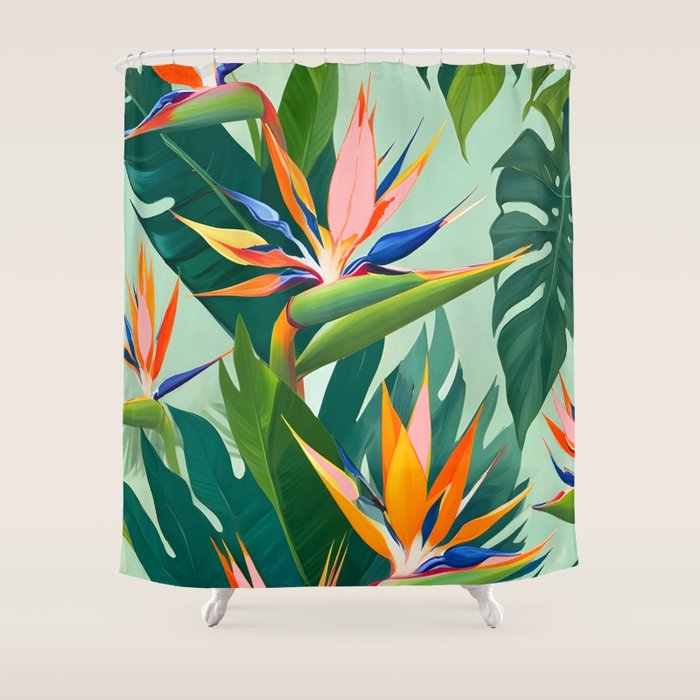Birds in Paradise, Floral Birds of Paradise Botanical Jungle, Tropical Nature Plants Floral, Lush Green Orange Pink Exotic Forest, Garden Flowers Bohemian Painting Shower Curtain Gallery Image 1