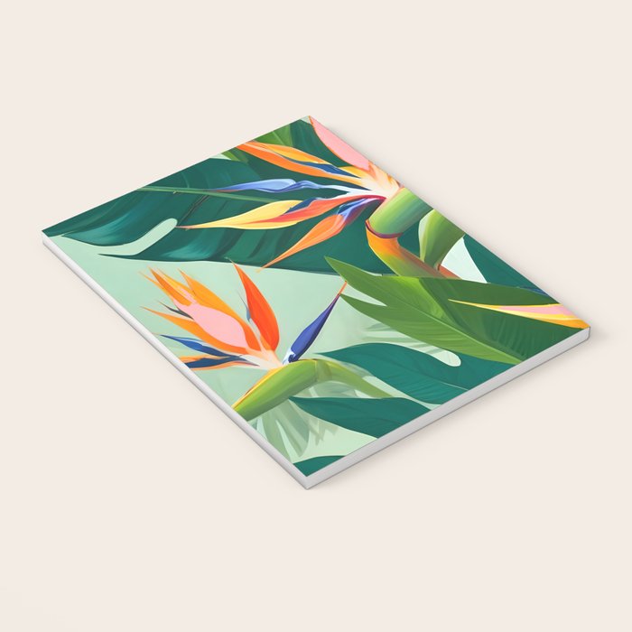 Birds in Paradise, Floral Birds of Paradise Botanical Jungle, Tropical Nature Plants Floral, Lush Green Orange Pink Exotic Forest, Garden Flowers Bohemian Painting Notebook Gallery Image 3